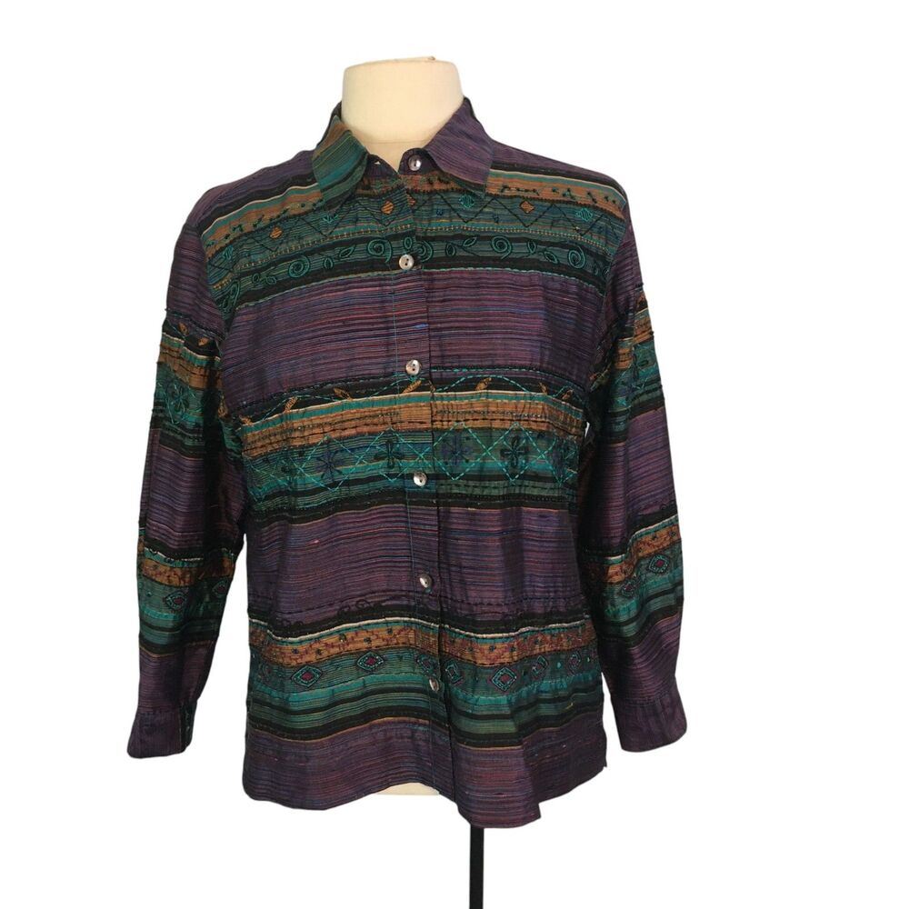 Chico's Design Womens Purple Silk Boho Embroidered Beaded Top, Blazer, Jacket 1